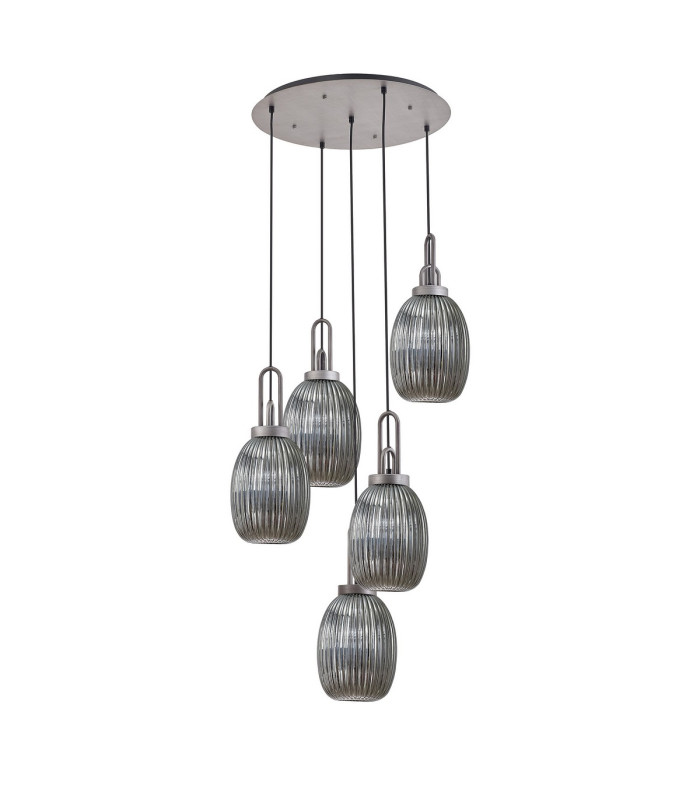 Yorktown 65cm Round 5 Light Pendant 20cm Almond Ribbed Glass Aged Pewter/Matt Black Smoked-4