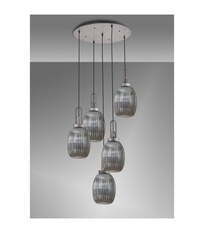 Yorktown 65cm Round 5 Light Pendant 20cm Almond Ribbed Glass Aged Pewter/Matt Black Smoked-9