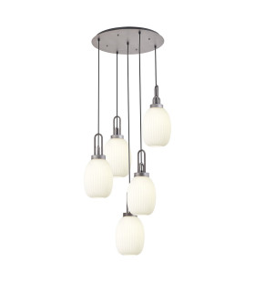Yorktown 65cm Round 5 Light Pendant 20cm Almond Ribbed Glass Aged Pewter/Matt Black Opal-1