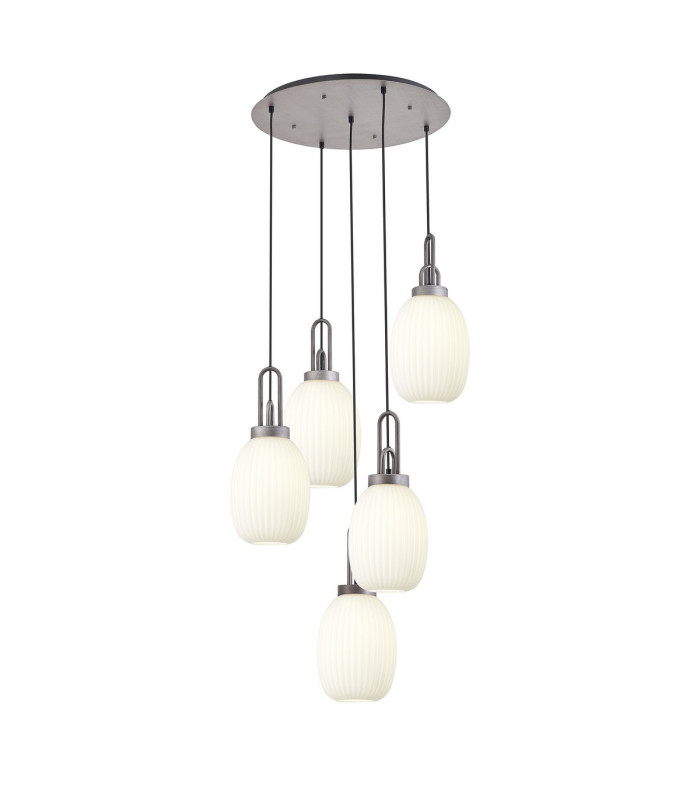 Yorktown 65cm Round 5 Light Pendant 20cm Almond Ribbed Glass Aged Pewter/Matt Black Opal-1