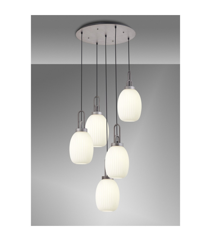Yorktown 65cm Round 5 Light Pendant 20cm Almond Ribbed Glass Aged Pewter/Matt Black Opal-3