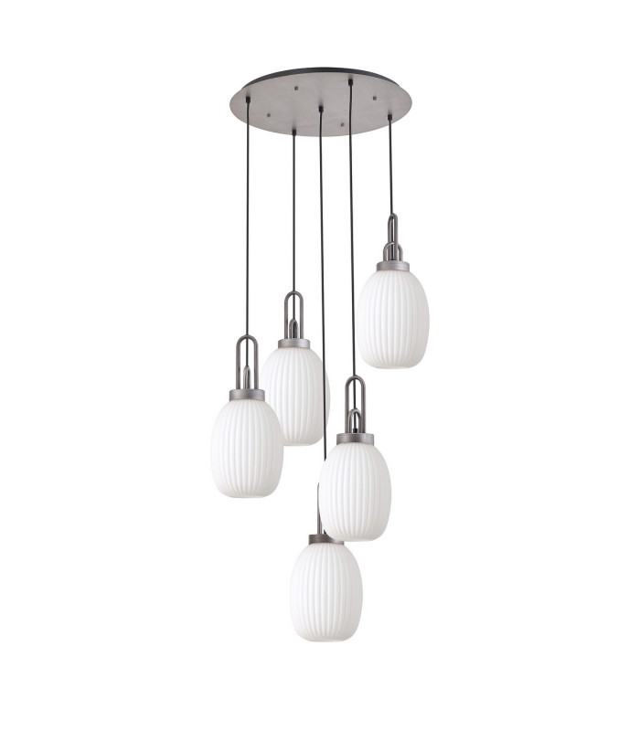 Yorktown 65cm Round 5 Light Pendant 20cm Almond Ribbed Glass Aged Pewter/Matt Black Opal-4