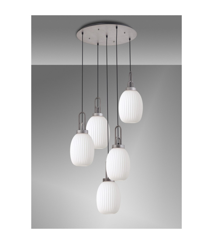 Yorktown 65cm Round 5 Light Pendant 20cm Almond Ribbed Glass Aged Pewter/Matt Black Opal-9