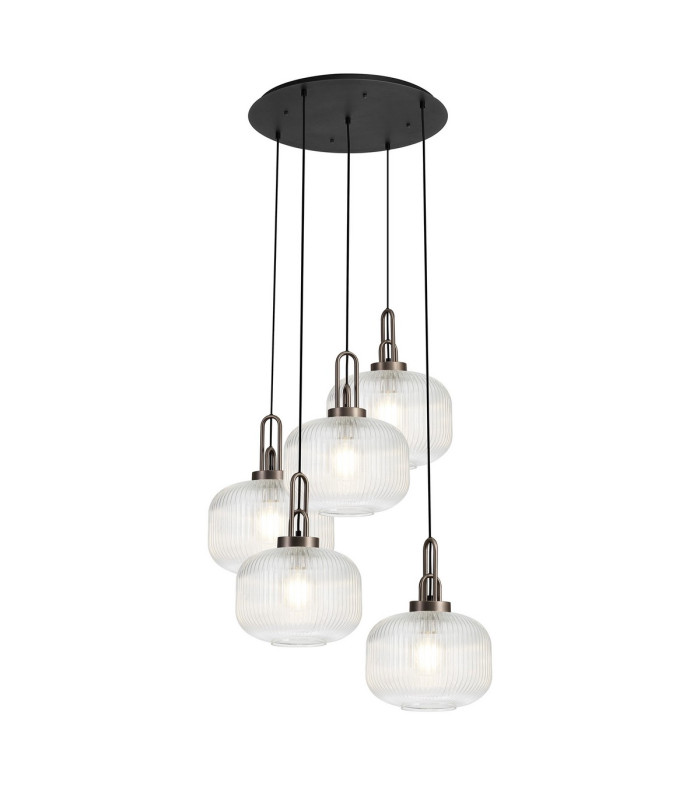 Yorktown 75cm 2.5m Round Pendant 5 x E27 Antique Silver/Matt Black 30cm Pumpkin Shaped Ribbed Clear Glass-1