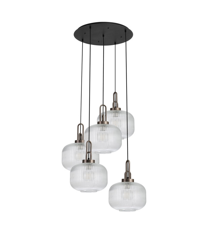 Yorktown 75cm 2.5m Round Pendant 5 x E27 Antique Silver/Matt Black 30cm Pumpkin Shaped Ribbed Clear Glass-4
