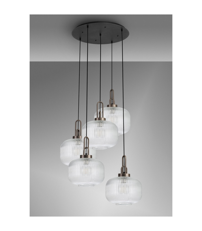 Yorktown 75cm 2.5m Round Pendant 5 x E27 Antique Silver/Matt Black 30cm Pumpkin Shaped Ribbed Clear Glass-10
