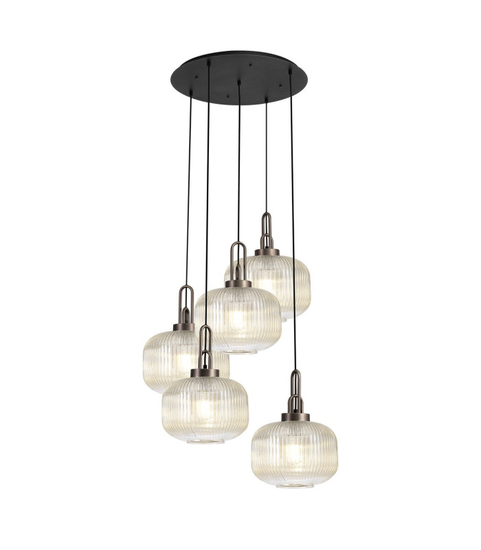 Yorktown 75cm 2.5m Round Pendant 5 x E27 Antique Silver/Matt Black 30cm Pumpkin Shaped Ribbed Champagne Glass-1