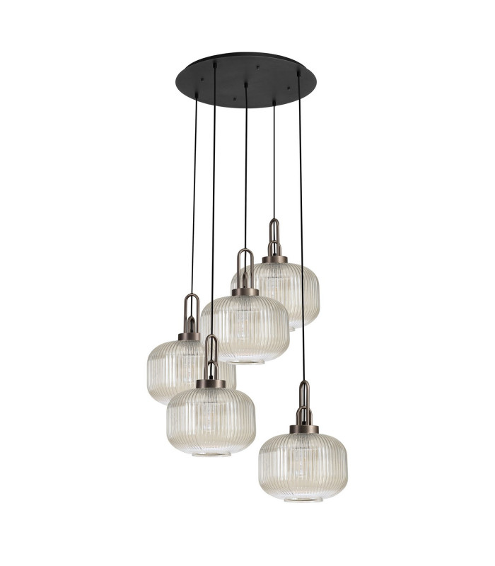 Yorktown 75cm 2.5m Round Pendant 5 x E27 Antique Silver/Matt Black 30cm Pumpkin Shaped Ribbed Champagne Glass-4