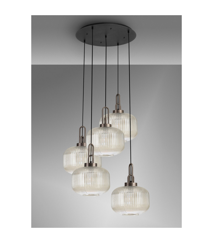 Yorktown 75cm 2.5m Round Pendant 5 x E27 Antique Silver/Matt Black 30cm Pumpkin Shaped Ribbed Champagne Glass-10