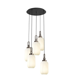 Yorktown 65cm Round 5 Light Pendant 20cm Tubular Ribbed Glass Antique Silver/Matt Black Opal-1