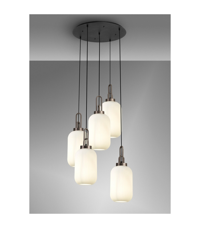 Yorktown 65cm Round 5 Light Pendant 20cm Tubular Ribbed Glass Antique Silver/Matt Black Opal-3