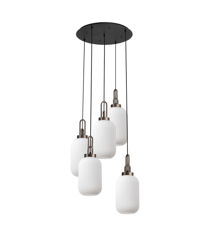 Yorktown 65cm Round 5 Light Pendant 20cm Tubular Ribbed Glass Antique Silver/Matt Black Opal-4