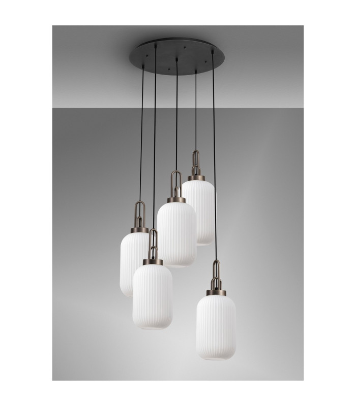 Yorktown 65cm Round 5 Light Pendant 20cm Tubular Ribbed Glass Antique Silver/Matt Black Opal-9