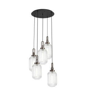 Yorktown 65cm Round 5 Light Pendant 20cm Tubular Ribbed Glass Antique Silver/Matt Black Clear-1