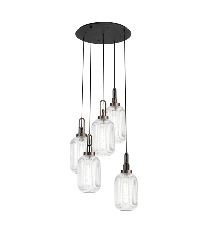 Yorktown 65cm Round 5 Light Pendant 20cm Tubular Ribbed Glass Antique Silver/Matt Black Clear-1