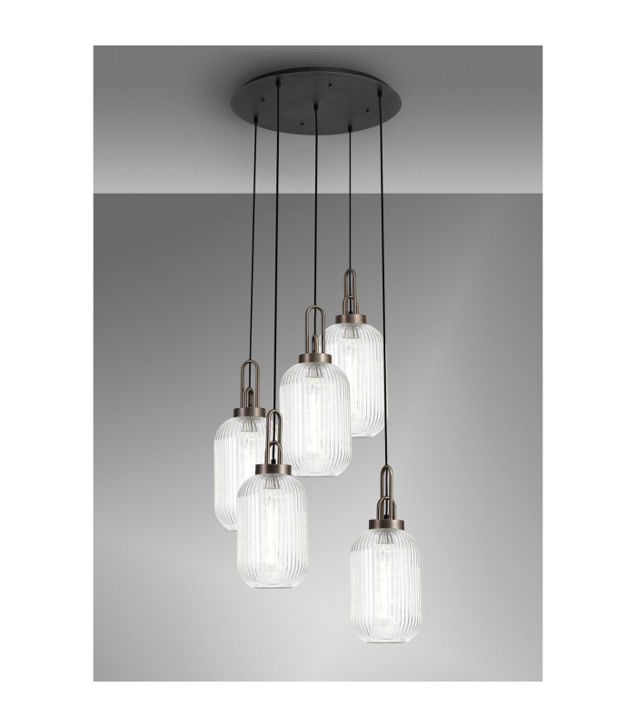 Yorktown 65cm Round 5 Light Pendant 20cm Tubular Ribbed Glass Antique Silver/Matt Black Clear-3