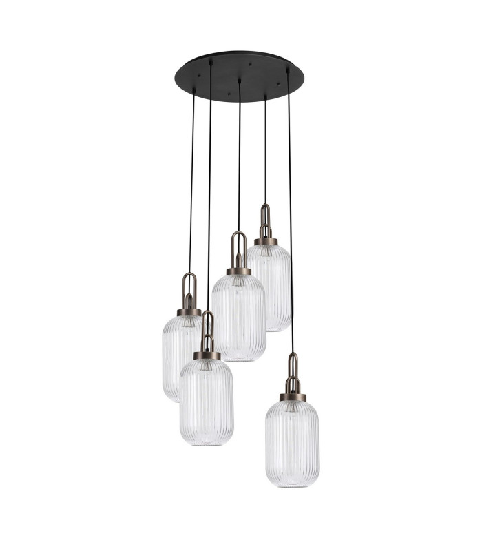 Yorktown 65cm Round 5 Light Pendant 20cm Tubular Ribbed Glass Antique Silver/Matt Black Clear-4