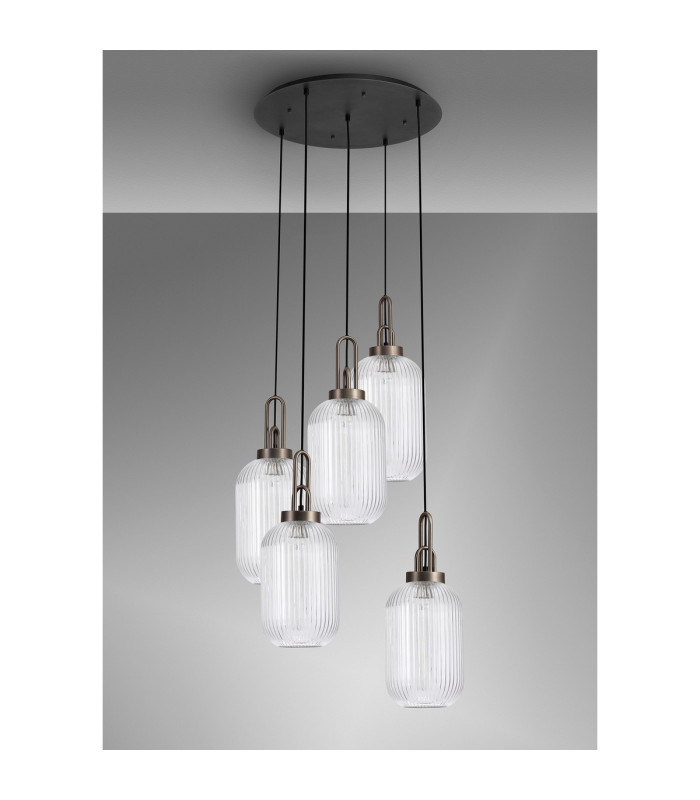 Yorktown 65cm Round 5 Light Pendant 20cm Tubular Ribbed Glass Antique Silver/Matt Black Clear-10