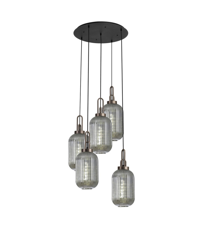 Yorktown 65cm Round 5 Light Pendant 20cm Tubular Ribbed Glass Antique Silver/Matt Black Smoked-1