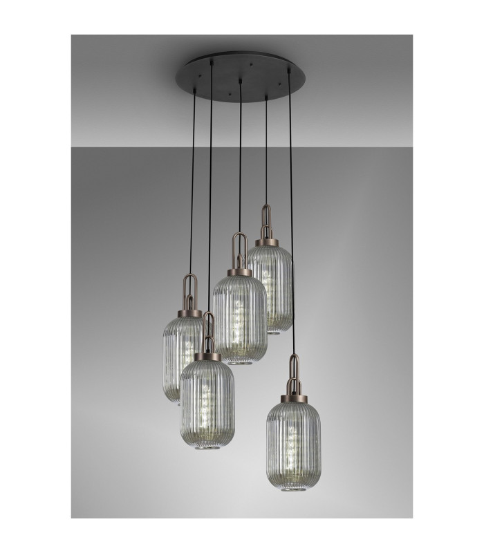 Yorktown 65cm Round 5 Light Pendant 20cm Tubular Ribbed Glass Antique Silver/Matt Black Smoked-3