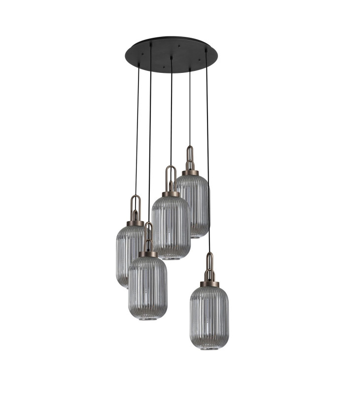 Yorktown 65cm Round 5 Light Pendant 20cm Tubular Ribbed Glass Antique Silver/Matt Black Smoked-4