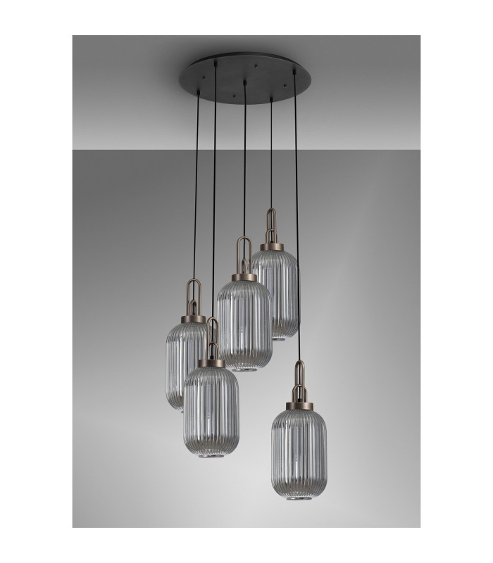 Yorktown 65cm Round 5 Light Pendant 20cm Tubular Ribbed Glass Antique Silver/Matt Black Smoked-10