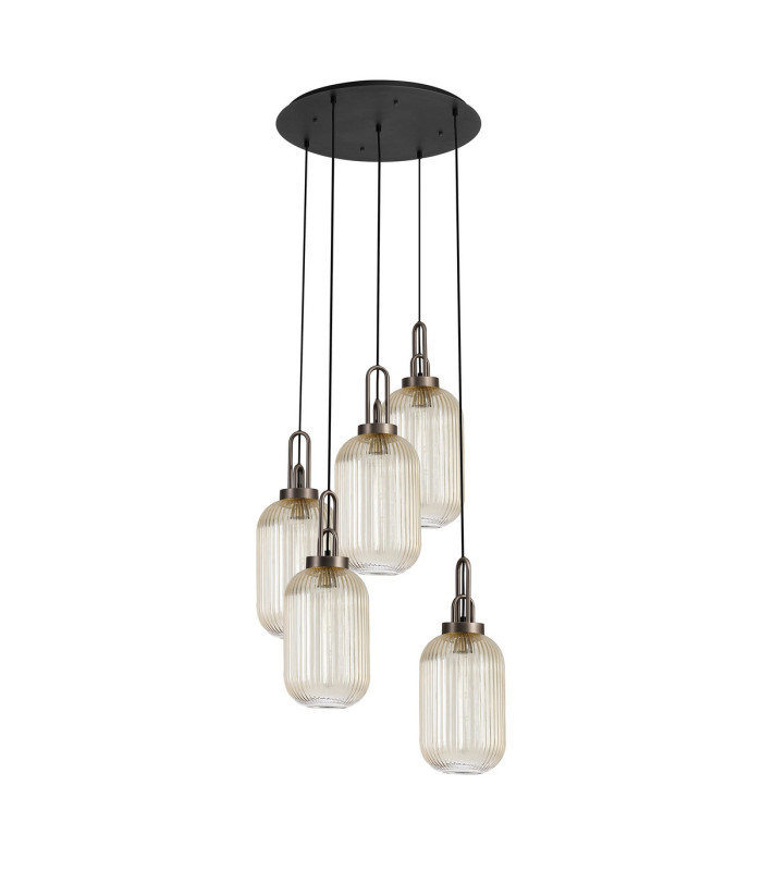 Yorktown 65cm Round 5 Light Pendant 20cm Tubular Ribbed Glass Antique Silver/Matt Black Champagne-4