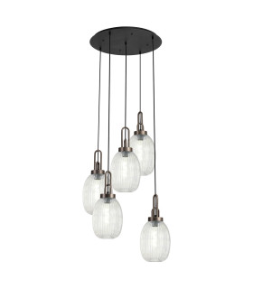 Yorktown 65cm Round 5 Light Pendant 20cm Almond Ribbed Glass Antique Silver/Matt Black Clear-1