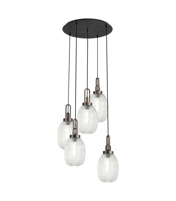 Yorktown 65cm Round 5 Light Pendant 20cm Almond Ribbed Glass Antique Silver/Matt Black Clear-1