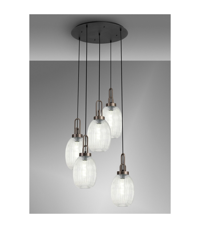 Yorktown 65cm Round 5 Light Pendant 20cm Almond Ribbed Glass Antique Silver/Matt Black Clear-3