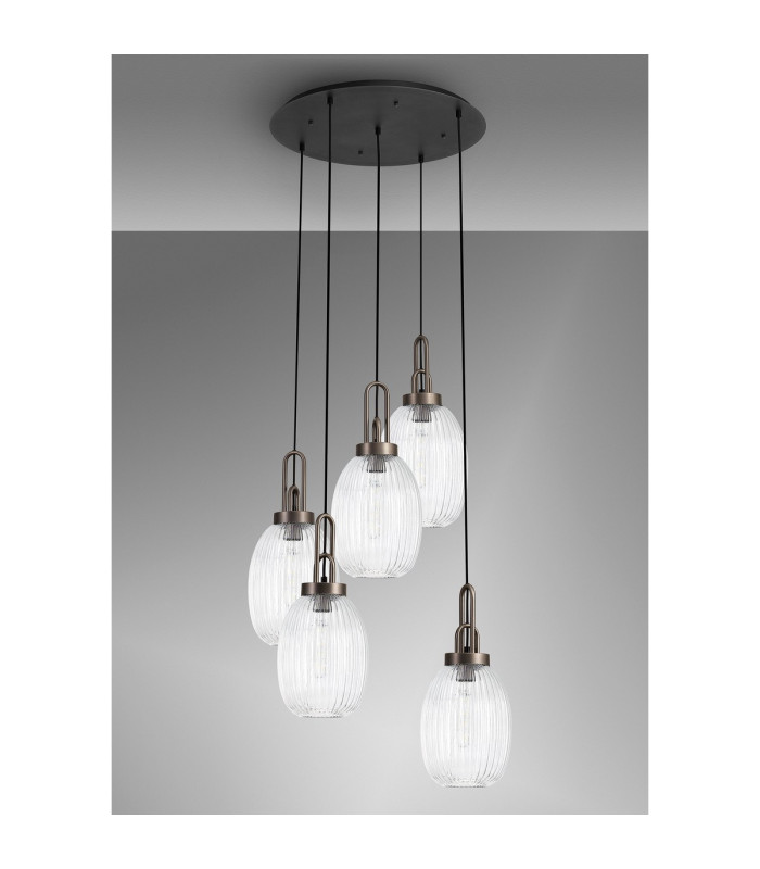 Yorktown 65cm Round 5 Light Pendant 20cm Almond Ribbed Glass Antique Silver/Matt Black Clear-9