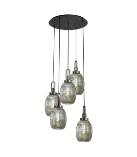 Yorktown 65cm Round 5 Light Pendant 20cm Almond Ribbed Glass Antique Silver/Matt Black Smoked-1