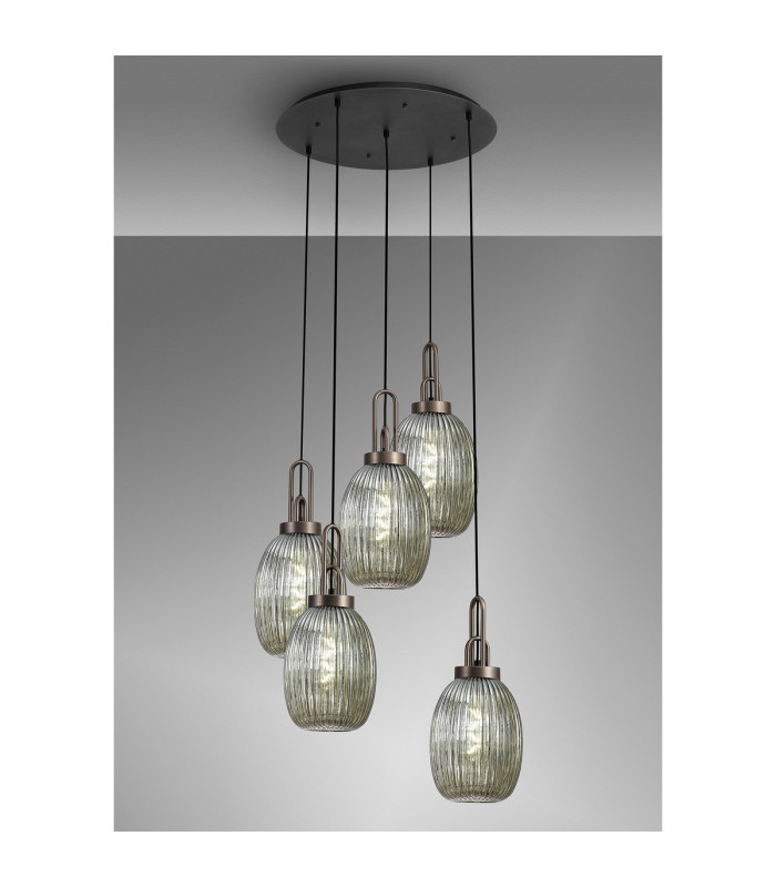 Yorktown 65cm Round 5 Light Pendant 20cm Almond Ribbed Glass Antique Silver/Matt Black Smoked-3