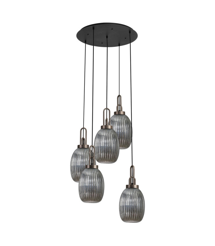 Yorktown 65cm Round 5 Light Pendant 20cm Almond Ribbed Glass Antique Silver/Matt Black Smoked-4