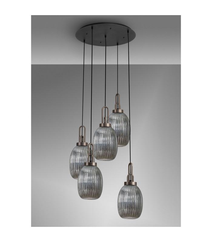 Yorktown 65cm Round 5 Light Pendant 20cm Almond Ribbed Glass Antique Silver/Matt Black Smoked-9