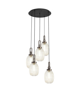 Yorktown 65cm Round 5 Light Pendant 20cm Almond Ribbed Glass Antique Silver/Matt Black Champagne-1