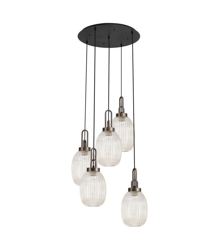 Yorktown 65cm Round 5 Light Pendant 20cm Almond Ribbed Glass Antique Silver/Matt Black Champagne-4