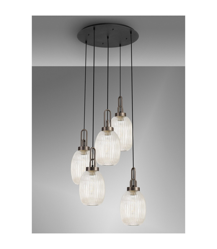 Yorktown 65cm Round 5 Light Pendant 20cm Almond Ribbed Glass Antique Silver/Matt Black Champagne-10