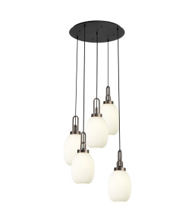 Yorktown 65cm Round 5 Light Pendant 20cm Almond Ribbed Glass Antique Silver/Matt Black Opal-1