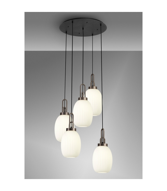 Yorktown 65cm Round 5 Light Pendant 20cm Almond Ribbed Glass Antique Silver/Matt Black Opal-3