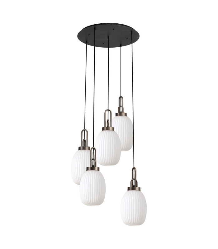 Yorktown 65cm Round 5 Light Pendant 20cm Almond Ribbed Glass Antique Silver/Matt Black Opal-4