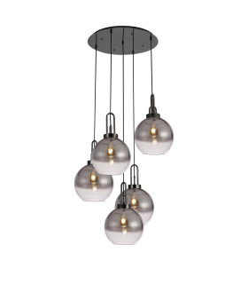 Yorktown 75cm Round 5 Light Pendant 30cm Globe Glass Black Chrome/Matt Black Smoked/Clear-1