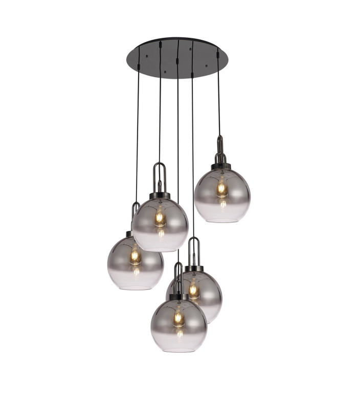 Yorktown 75cm Round 5 Light Pendant 30cm Globe Glass Black Chrome/Matt Black Smoked/Clear-1