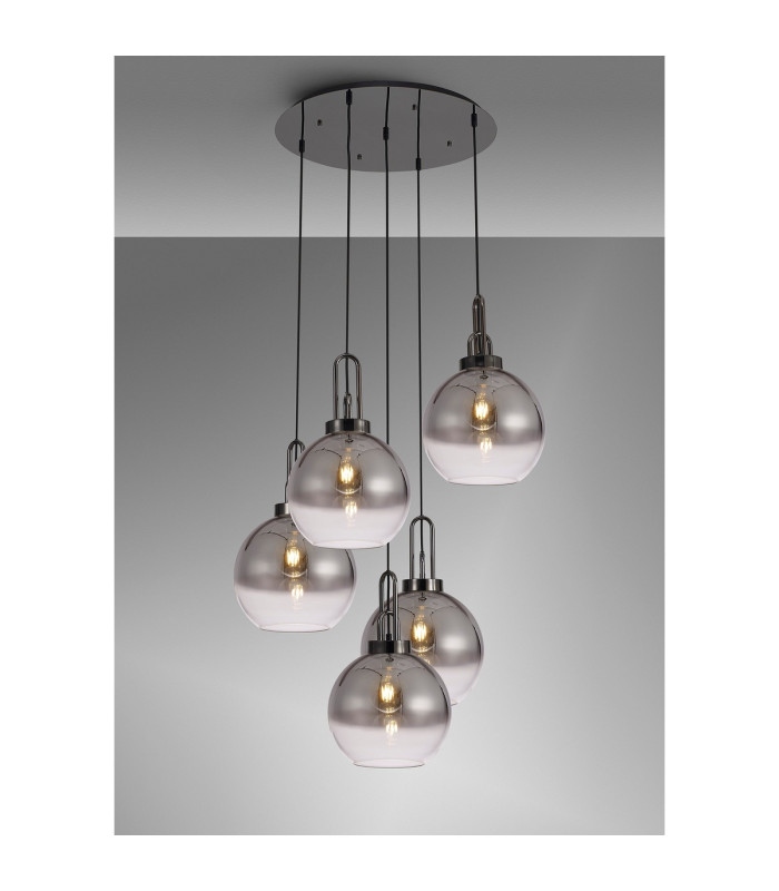 Yorktown 75cm Round 5 Light Pendant 30cm Globe Glass Black Chrome/Matt Black Smoked/Clear-3