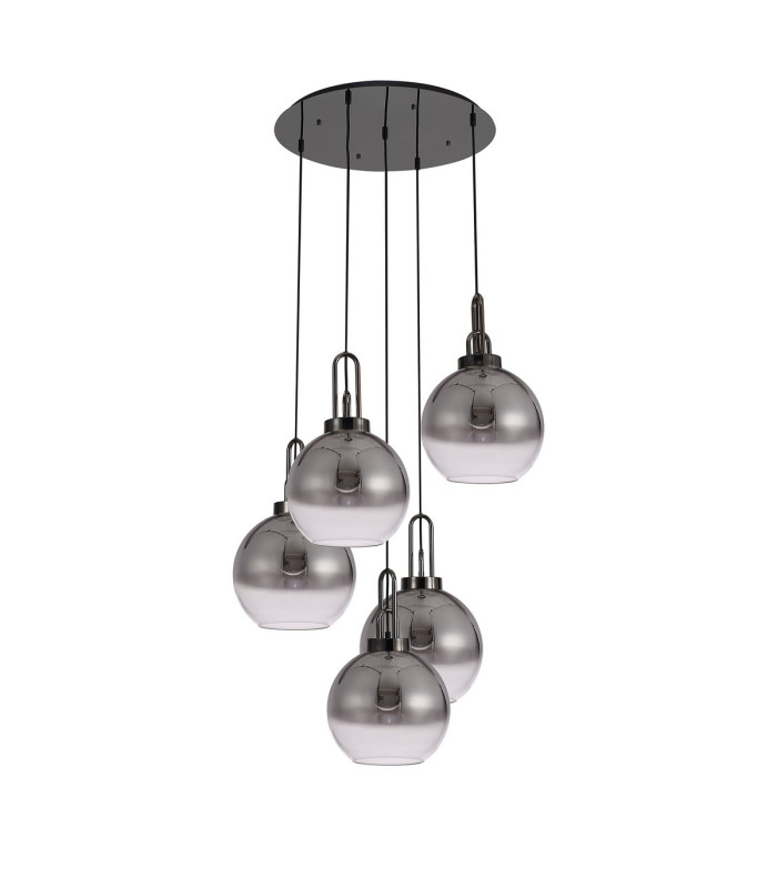 Yorktown 75cm Round 5 Light Pendant 30cm Globe Glass Black Chrome/Matt Black Smoked/Clear-4