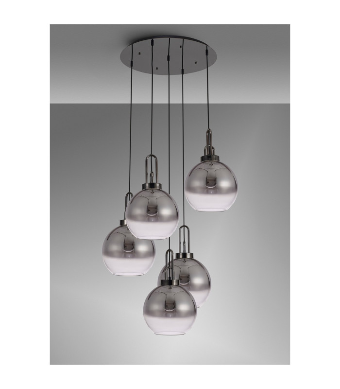 Yorktown 75cm Round 5 Light Pendant 30cm Globe Glass Black Chrome/Matt Black Smoked/Clear-10
