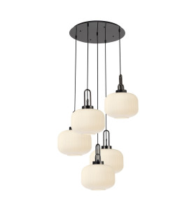 Yorktown 75cm 2.5m Round Pendant 5 x E27 Black Chrome/Matt Black 30cm Pumpkin Shaped Ribbed Opal Glass-1