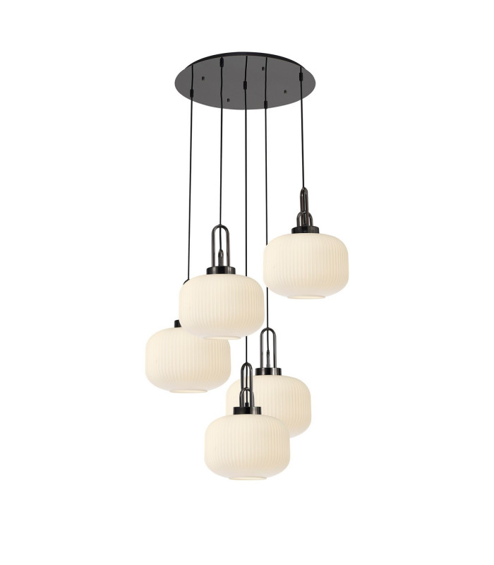 Yorktown 75cm 2.5m Round Pendant 5 x E27 Black Chrome/Matt Black 30cm Pumpkin Shaped Ribbed Opal Glass-1