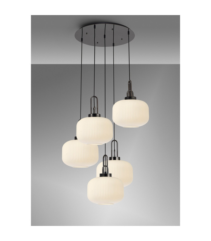 Yorktown 75cm 2.5m Round Pendant 5 x E27 Black Chrome/Matt Black 30cm Pumpkin Shaped Ribbed Opal Glass-3