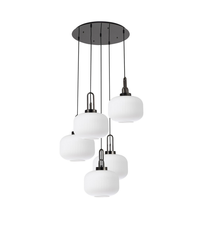 Yorktown 75cm 2.5m Round Pendant 5 x E27 Black Chrome/Matt Black 30cm Pumpkin Shaped Ribbed Opal Glass-4